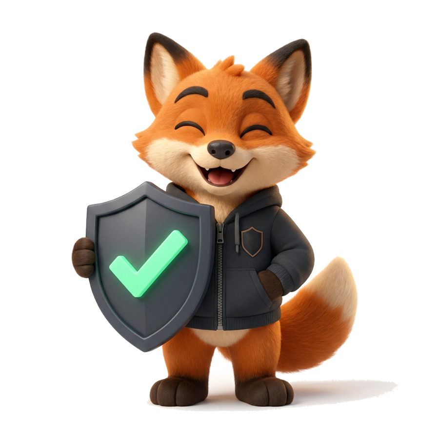 Scout the fox holding a shield with a green checkmark