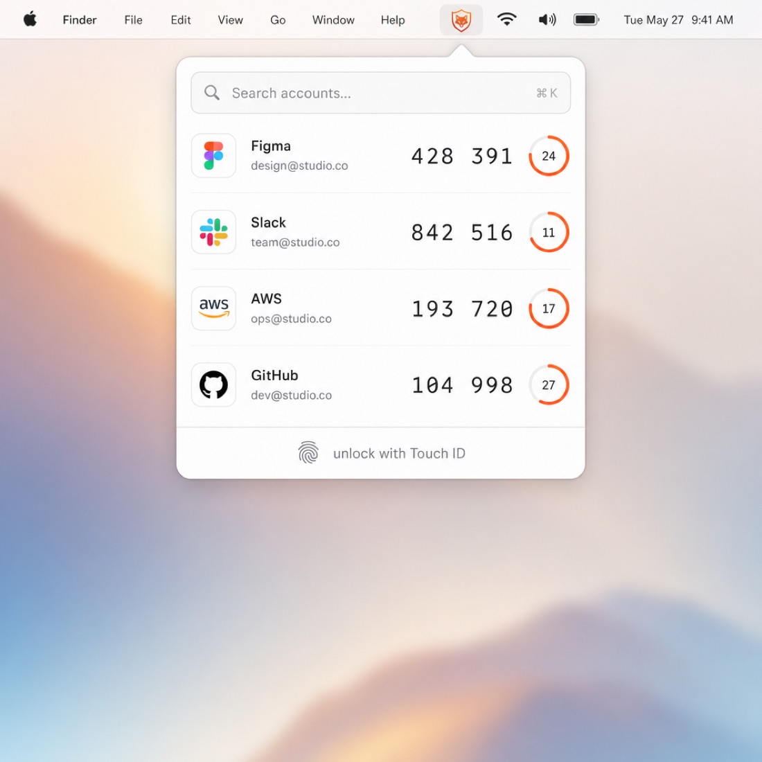 Fox Auth in the macOS menu bar showing live 2FA codes with Touch ID unlock